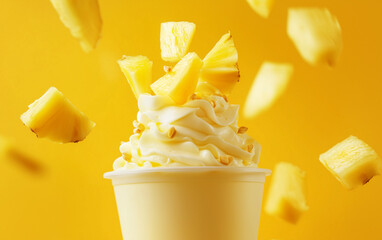 Pineapple Smoothie with Whipped Cream and Falling Pineapple Chunks on Yellow Background