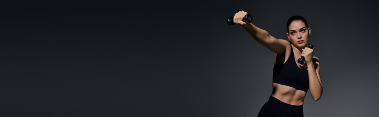 Sporty young woman demonstrating strength and focus in a fitness setting at twilight
