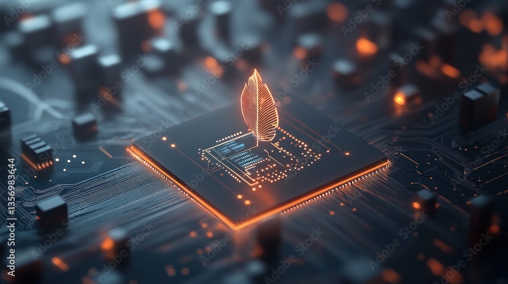 Poster glowing leaf-shaped element integrated into a circuit board's central processing unit