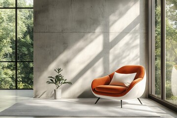 a cozy orange armchair in a modern interior space, natural light casting shadows through the window and tree view