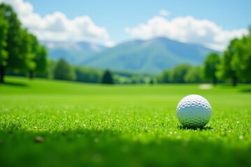 A close-up of a golf ball resting on green grass with a scenic mountain backdrop.