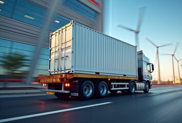 Mobile energy storage solution. Truck transporting container with energy storage past wind turbines in urban landscape.