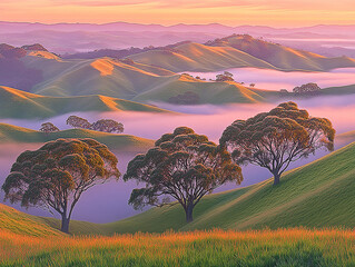 Serene sunrise over rolling hills with mist and trees, creating a tranquil landscape scene
