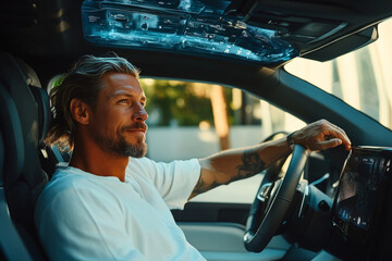 a handsome man smiling confidently while driving in a car. The scene captures a moment of ease and contentment