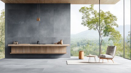 Modern minimalist room with floor-to-ceiling windows overlooking a lush green landscape