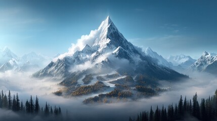 Fototapeta premium Majestic snow-capped peak rises above a valley shrouded in mist, autumnal colors dotting the landscape
