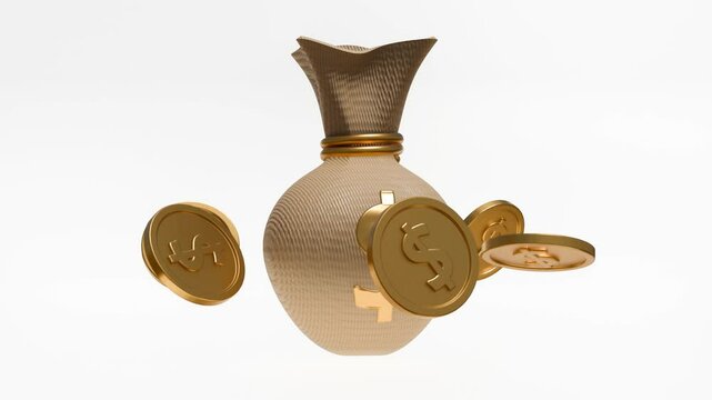A 3d animation of a money bag and several gold coins are scattered around the bag. The use of classic symbols for money.