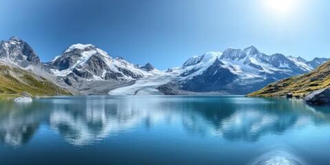 Majestic mountains reflecting in tranquil blue lake with clear sky  