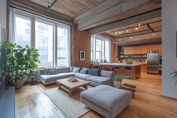 Naklejka premium modern living room with a brick wall, large windows, and wooden floors. The space is furnished with a sectional sofa, coffee table, and a large green plant. This home is well-lit with natural light