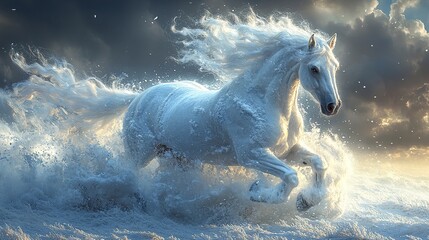 Fototapeta premium Powerful snow horse galloping across an open snowy field, mane and tail like frozen waves, glittering snow flying with each thunderous stride. 