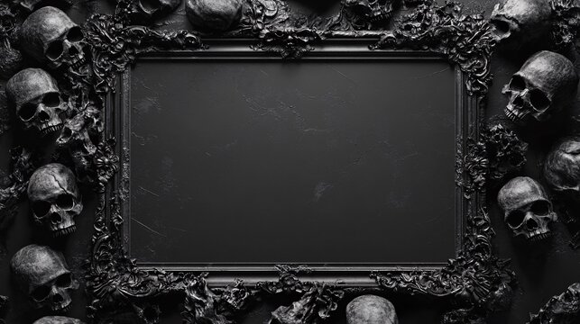 Dark Frame of Skulls: A chilling frame of ornate design, dramatically adorned with a multitude of human skulls, creating a gothic and haunting ambiance.