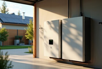 Home battery storage indoors. Residential energy storage system installed inside a garage or utility room in a house.