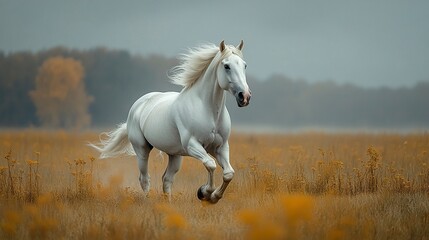 Fototapeta premium Powerful white horse running freely in an open field under grey stormy sky, wind blowing through mane, majestic and strong, dynamic motion in nature, beauty of wilderness 