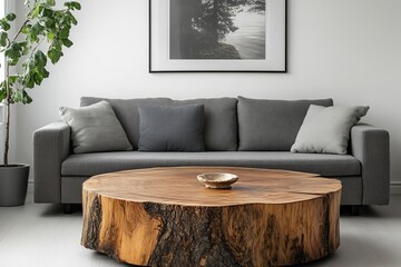 an interior shot of a cozy living room showcasing a wooden coffee table in front of a grey sofa, complete with cushions and a framed picture on the wall.