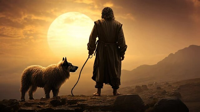 A shepherd and a wolf in sheep's clothing against a stunning sunset, illustrating the deep connection between humans and animals. The concept of God's care and sinful hypocrisy.