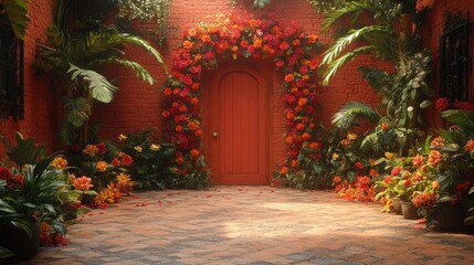 Fototapeta premium Lush floral archway adorns a red brick courtyard entrance