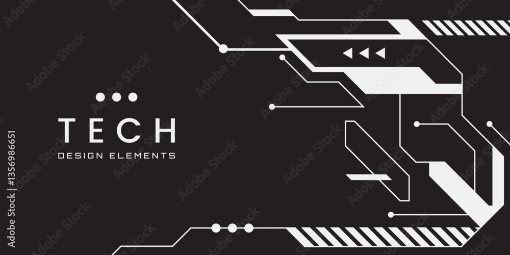 Poster Hi Tech abstract geometric background with place for text. Modern sci-fi banner. Black and white colors. Corner composition. Vector illustration