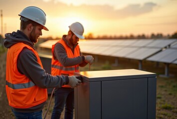 Solar battery installation. Workers in orange safety vests and hard hats connect cables to energy storage unit at solar farm during sunset.