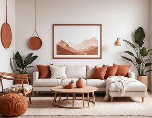 Modern Living Room Interior with Beige Sofa, Terracotta Accents, and Mountain Artwork