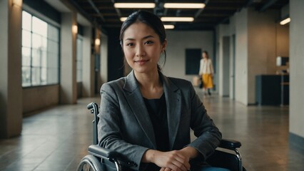Confident Japanese woman in a modern wheelchair in an accessible office environment, looking at the viewer and embodying diversity and capability in the workplace