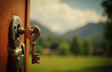 Heart-shaped key dangling from keyhole