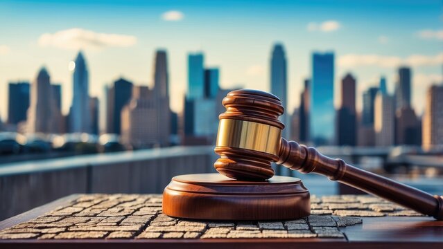 A judge's gavel is placed on a digitally rendered surface with glowing circuitry and binary code
