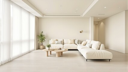 Fototapeta premium Neutral cream-colored living room design with streamlined furniture and integrated lighting system, showcasing modern Scandinavian decor concepts