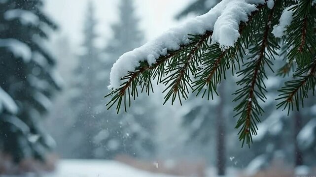 close-up view of a snow-covered fir tree branch as heavy snow falls off in slow motion. The branch, weighed down by fresh, powdery snow, suddenly releases its load