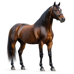 Obraz premium Realistic brown horse with a proud stance, its head raised slightly, smooth coat glowing under soft light, isolated on a pure white backdrop. 