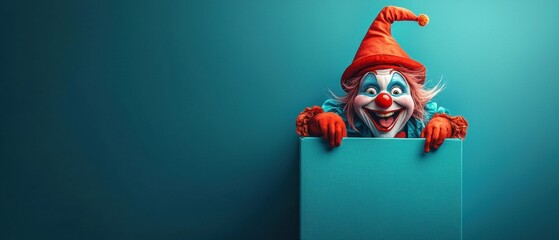 Jester surprises from turquoise box with bright red hat in april