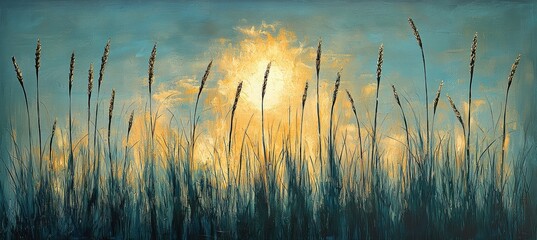 Fototapeta premium Ethereal wild grass silhouettes in dreamy blue and gold light