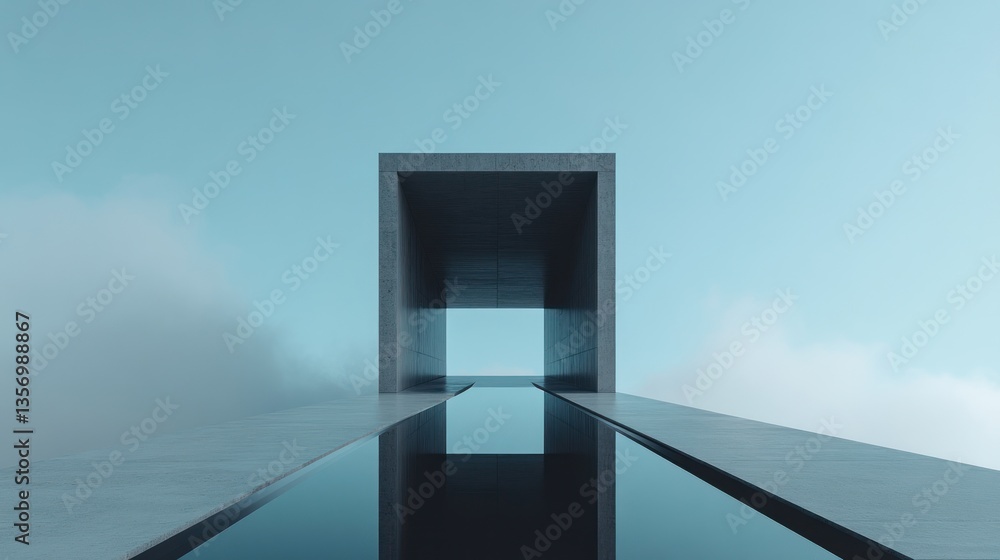 Poster minimalist architectural rendering; concrete structure with reflective pool
