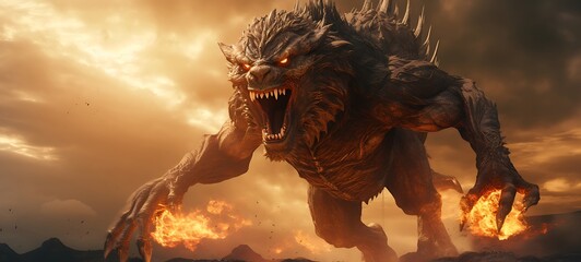 Obraz premium Epic ifrit kingkong throll Pegasus War fly in fire, ai generative