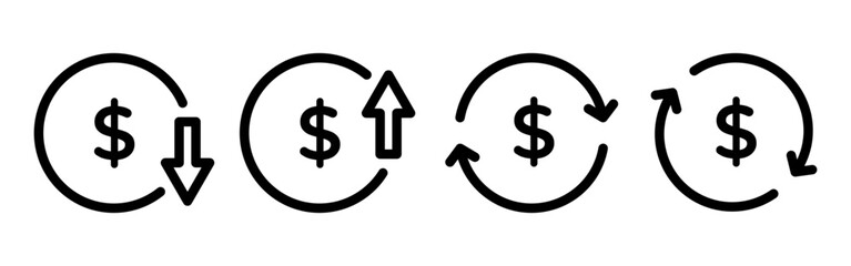 Vector illustration of dollar increase and decrease and turnover icon set isolated on transparent background