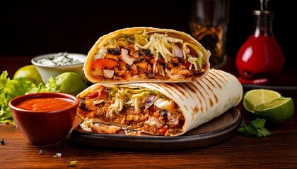 A large, stuffed burrito wrapped tightly in a warm, flour tortilla