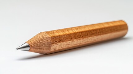 Close-up of a light brown, hexagonal pencil on a white background.  Its sharpened point is visible