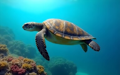 Fototapeta premium Sea Turtle on the background of the sea depth, with a sunbeam breaking through, highlighting the beautiful pattern of its sheel.