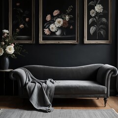 Dark Grey Velvet Sofa in Dark Room with Floral Artwork
