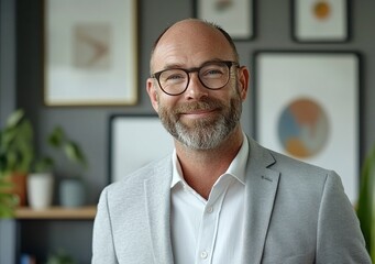 A portrait of an average male real estate agent in his late thirties, wearing glasses and business casual attire with light grey blazer over white shirt. He has short hair and beard, smiling at the.