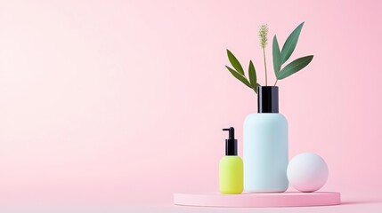 Pastel Cosmetic Bottles And Plant On Pink Background