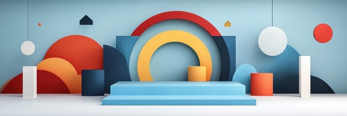 Obraz premium Abstract geometric backdrop with vibrant colors and shapes, featuring a stepped platform