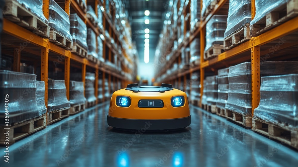 Poster A robotic vehicle moves through a spacious warehouse aisle lined with neatly stacked pallets and boxes, showcasing an efficient logistics and distribution process.