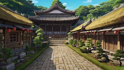 Naklejka premium Japanese style buildings anime style illustrations