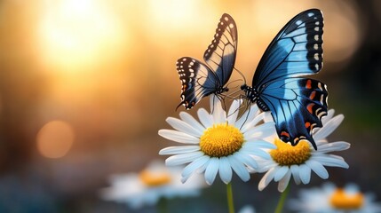 Two butterflies on daisies at sunset