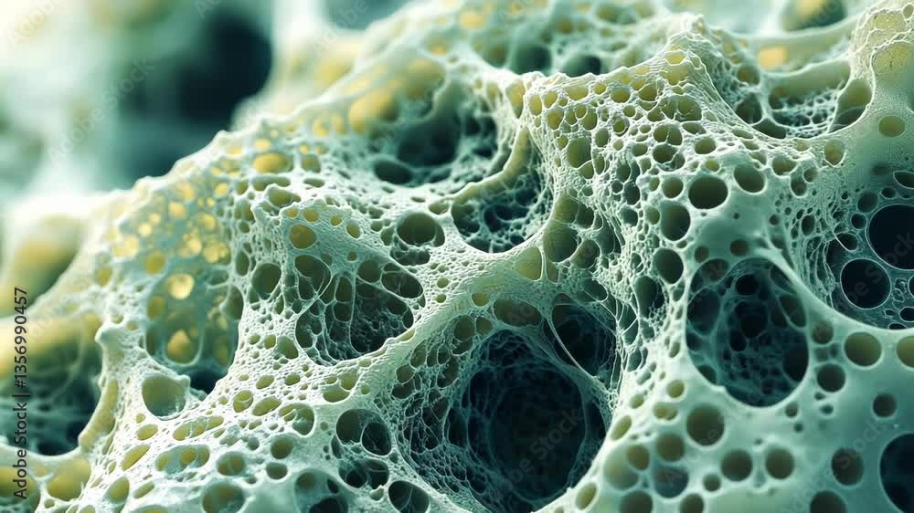 Poster detailed close up of a complex, porous structure resembling cellular formations, showcasing intricat