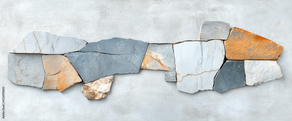 Poster irregular stone pieces arranged in a linear pattern, showcasing variations in color and texture