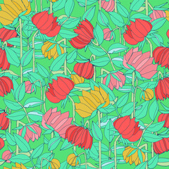 Seamless pattern with hand drawn meadow bold flowers. Colorful illustrations on blue background for surface design and other design projects