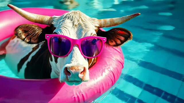 Funny cow floating in a pool with pink inflatable ring and pink sunglasses stock video. Animal enjoying summer vacation. summer vacation concept.