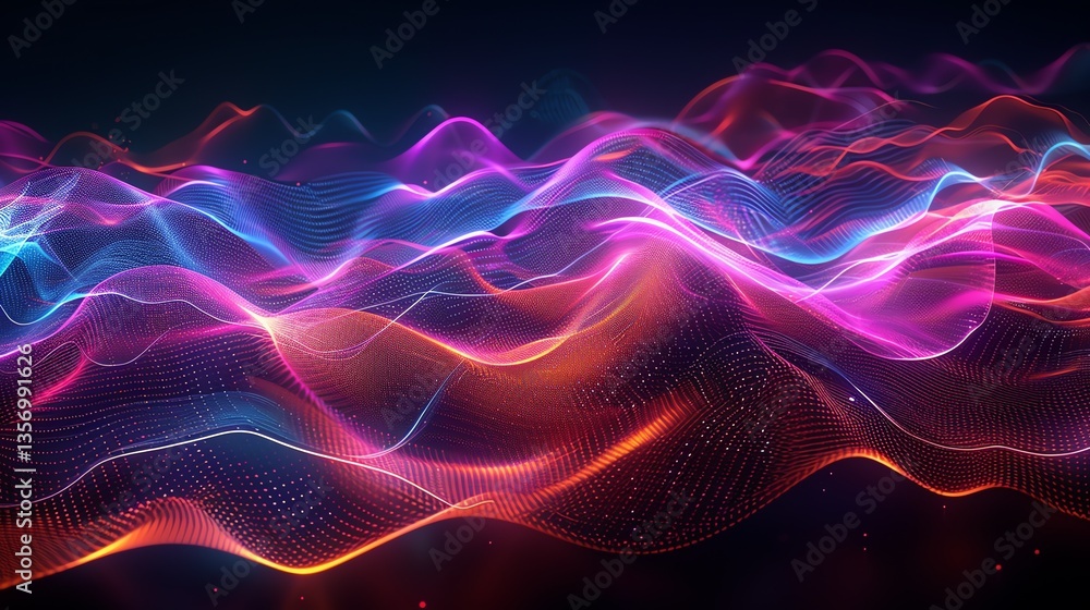 Poster abstract flowing wave of glowing particles. futuristic digital landscape. vibrant colors and smooth 
