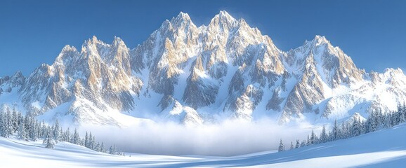 Majestic snow-capped mountain range under a clear blue sky, partially shrouded in mist